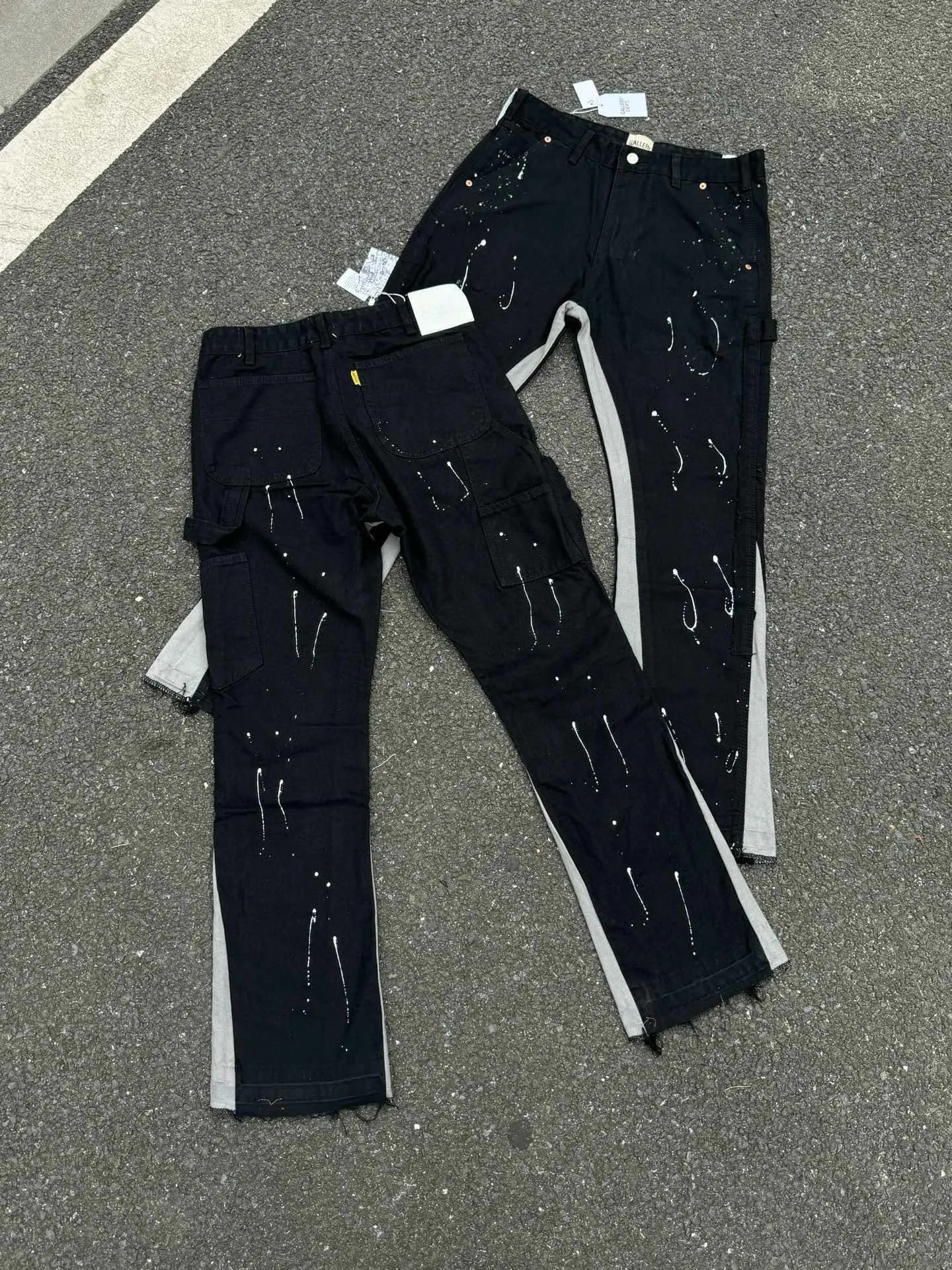 -Size upper body P220#G33 GALLERY DEPT. Spliced ​​washed retro jeans for men and women, high street splash-ink pants, micro-flared casual trousers, trendy couple, same style. Color: black. Size: S-XXL (corresponding to 28-36)